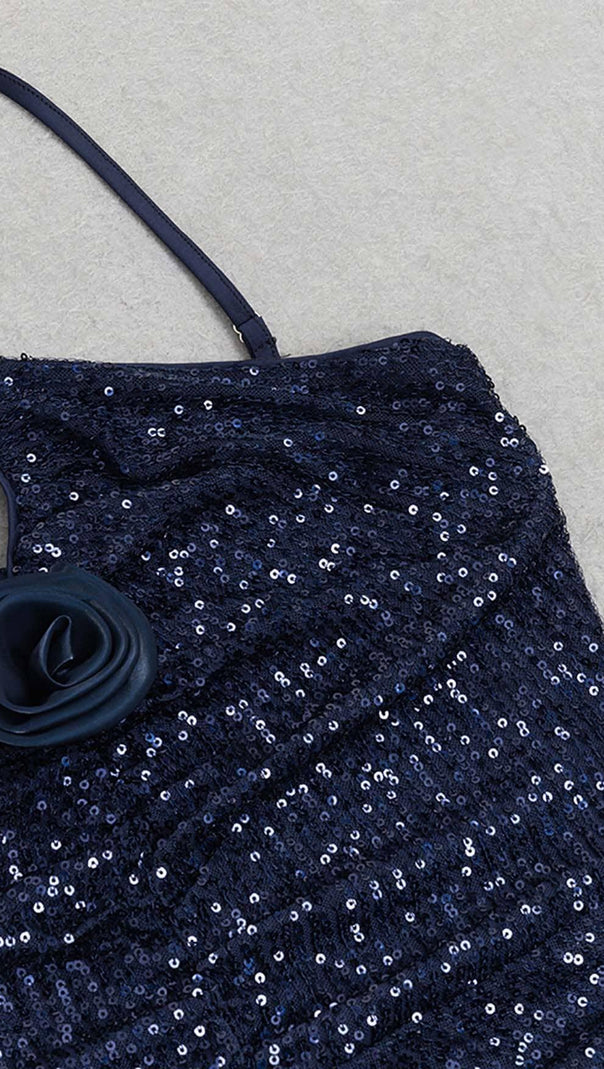 ABITO MIDI CON SCOLLO A V E PAILLETTES FLOREALI 3D BLU NAVY