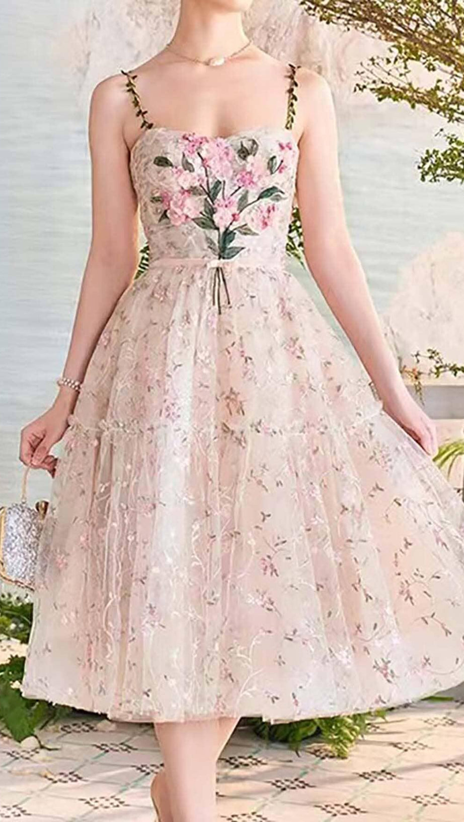 3D FLORAL HEM MIDI DRESS IN WHITE