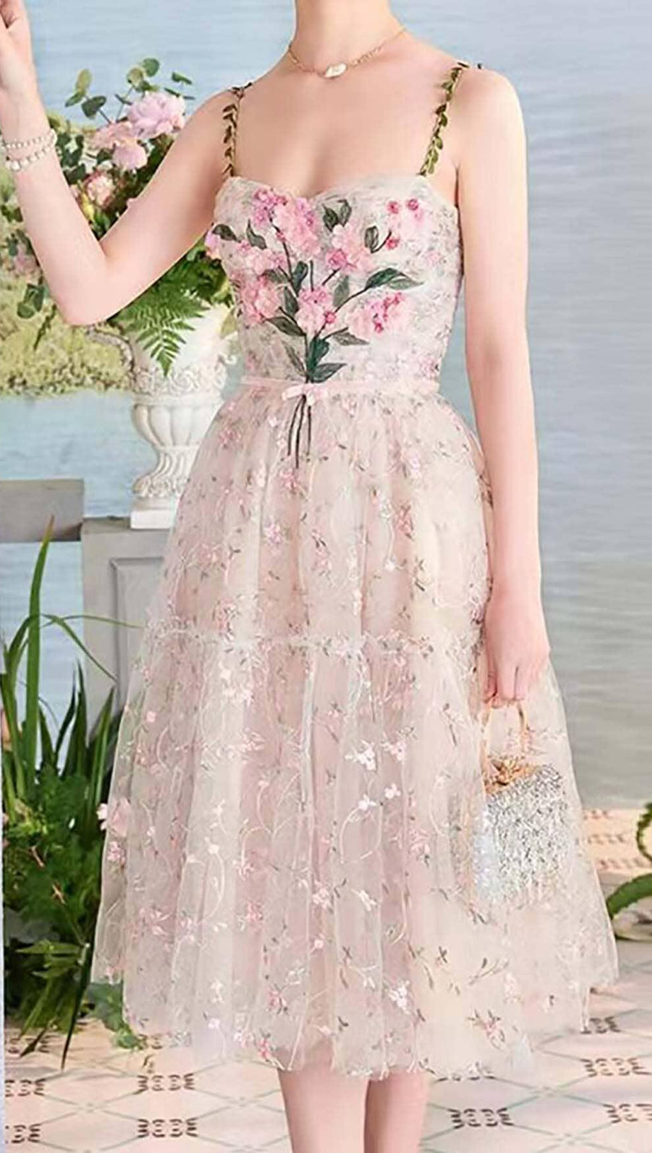 3D FLORAL HEM MIDI DRESS IN WHITE