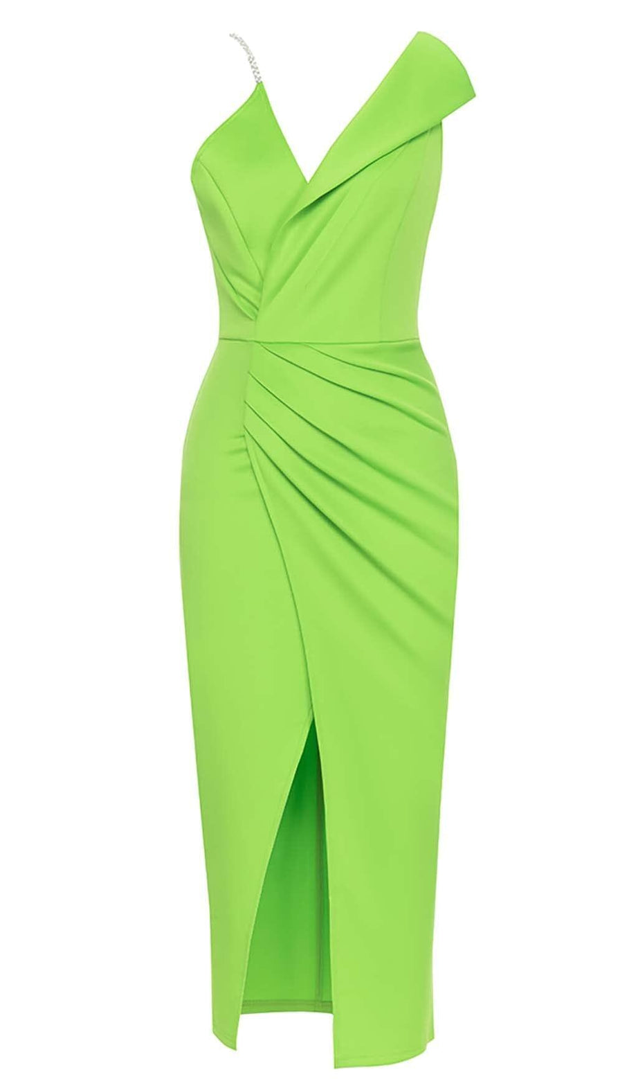 ASYMMETRIC SHOULDER MIDI DRESS IN GREEN