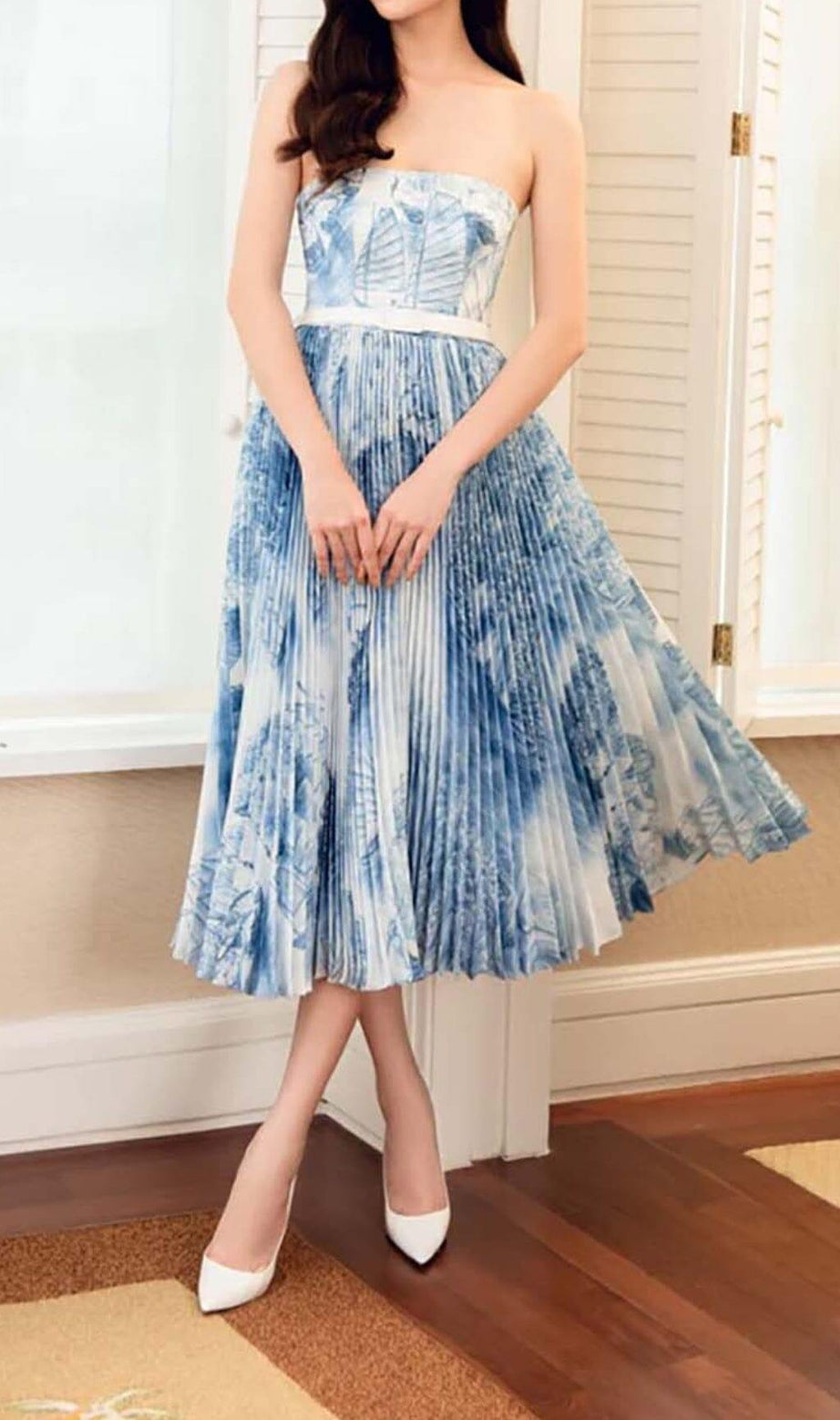 BANDEAU PLEATED MIDI DRESS IN BLUE