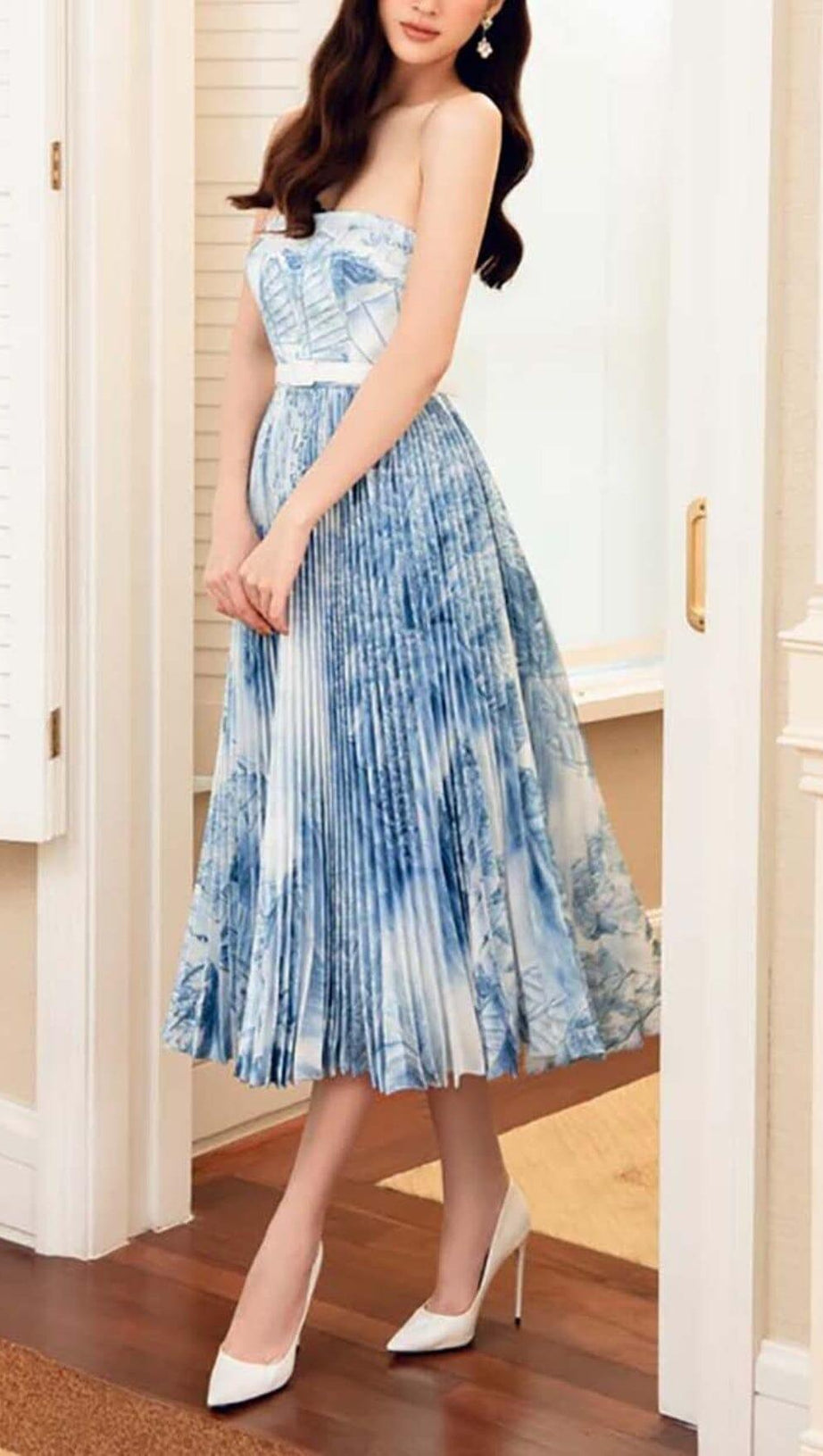 BANDEAU PLEATED MIDI DRESS IN BLUE