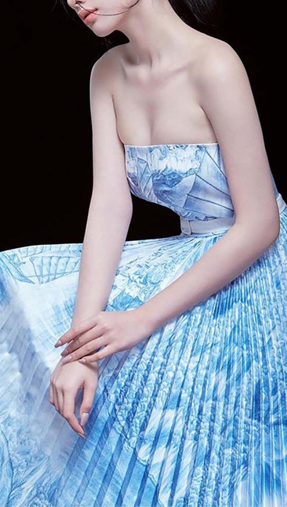 BANDEAU PLEATED MIDI DRESS IN BLUE