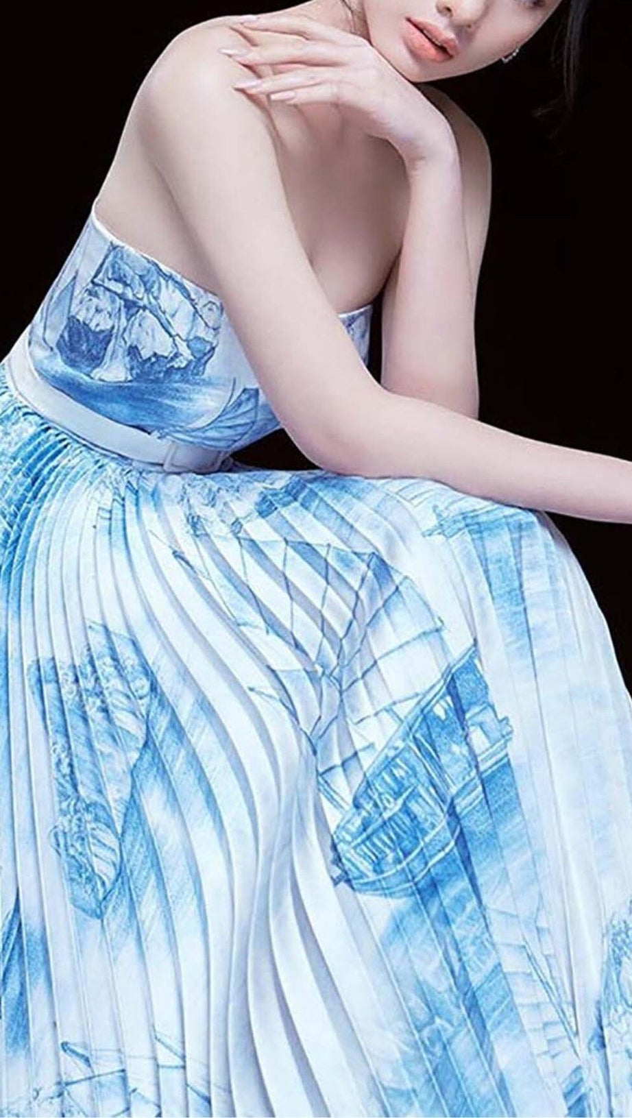 BANDEAU PLEATED MIDI DRESS IN BLUE