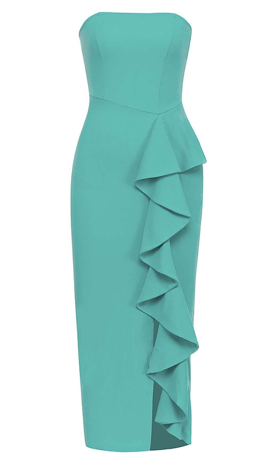 BANDEAU RUFFLES MIDI DRESS IN GREEN