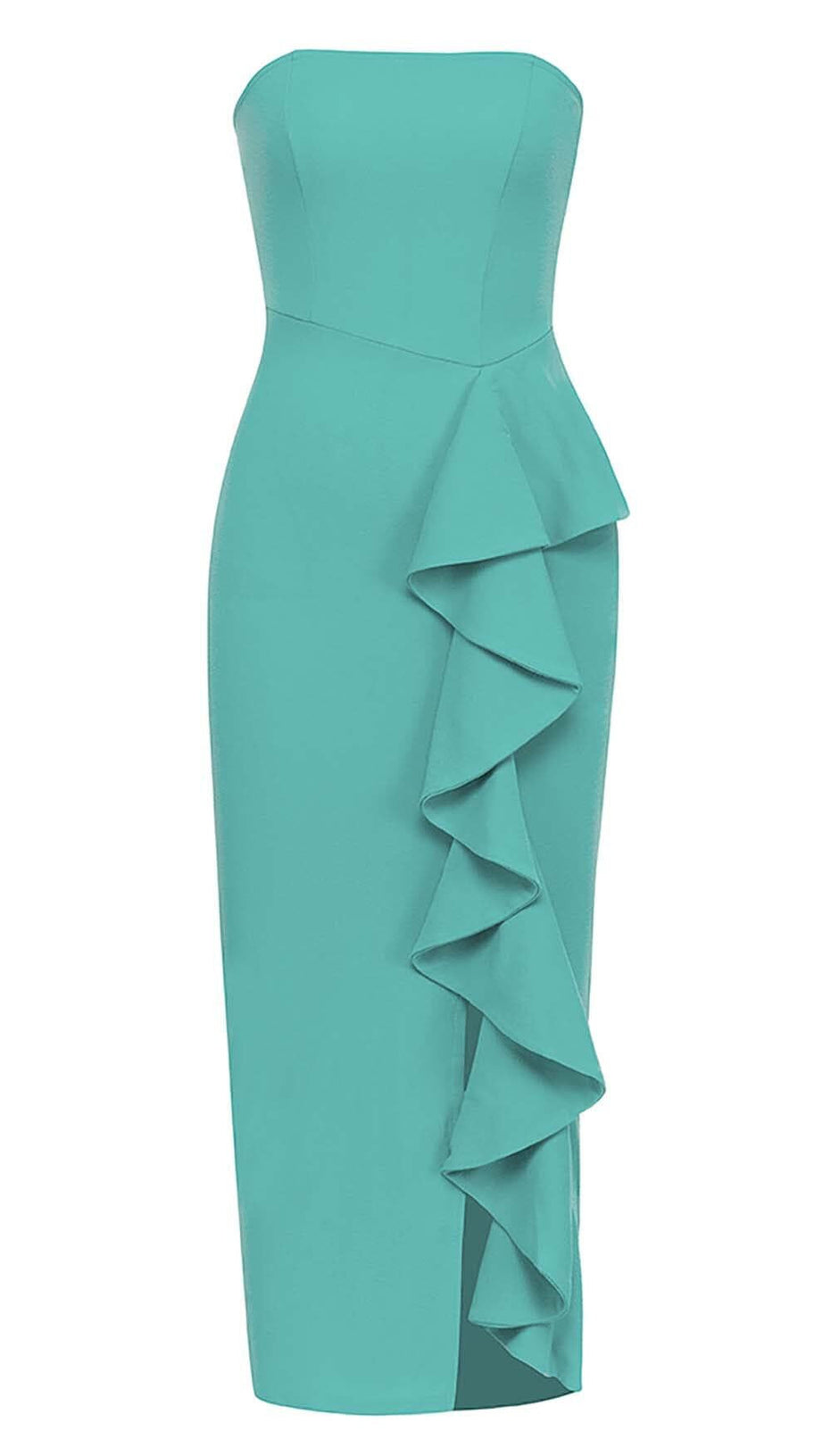 BANDEAU RUFFLES MIDI DRESS IN GREEN