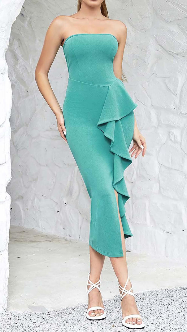 AIIZIE BANDEAU RUFFLES MIDI DRESS IN GREEN - product image