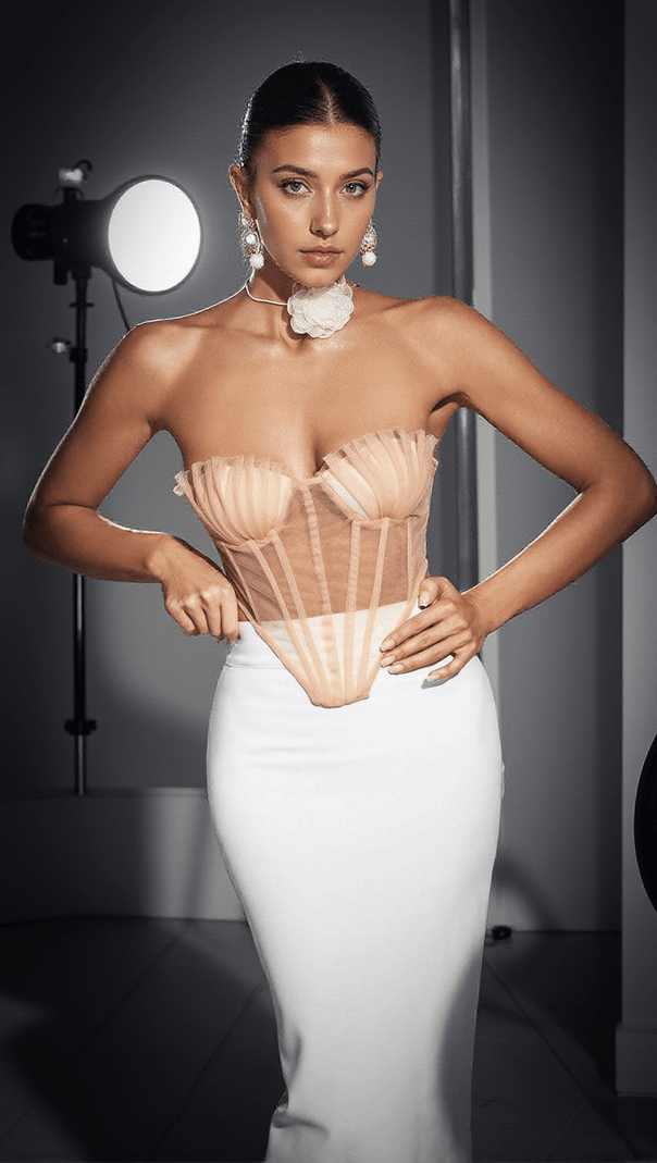 AIIZIE DANA SHELL MESH LACE UP CORSET TOP IN BEIGE - product image