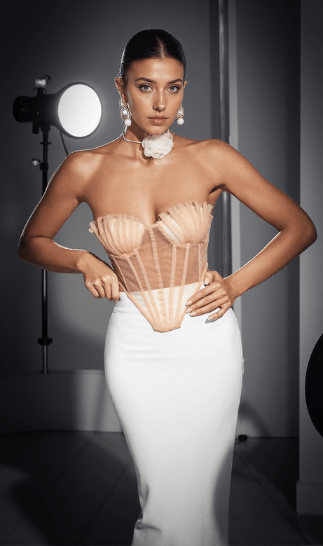 Dana Shell Mesh Lace Up Corset Top In Beige