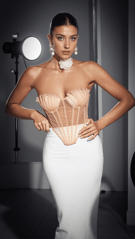 DANA SHELL MESH LACE UP CORSET TOP IN BEIGE