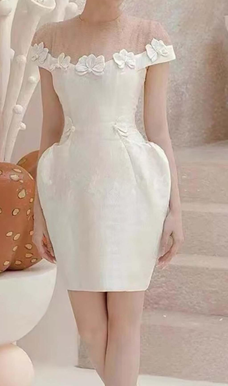 BOW-EMBELLISHED POCKET MIDI DRESS IN WHITE
