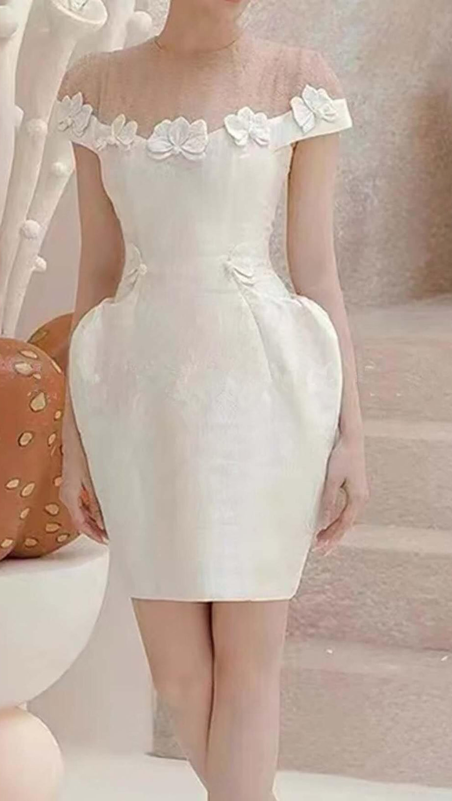 BOW-EMBELLISHED POCKET MIDI DRESS IN WHITE