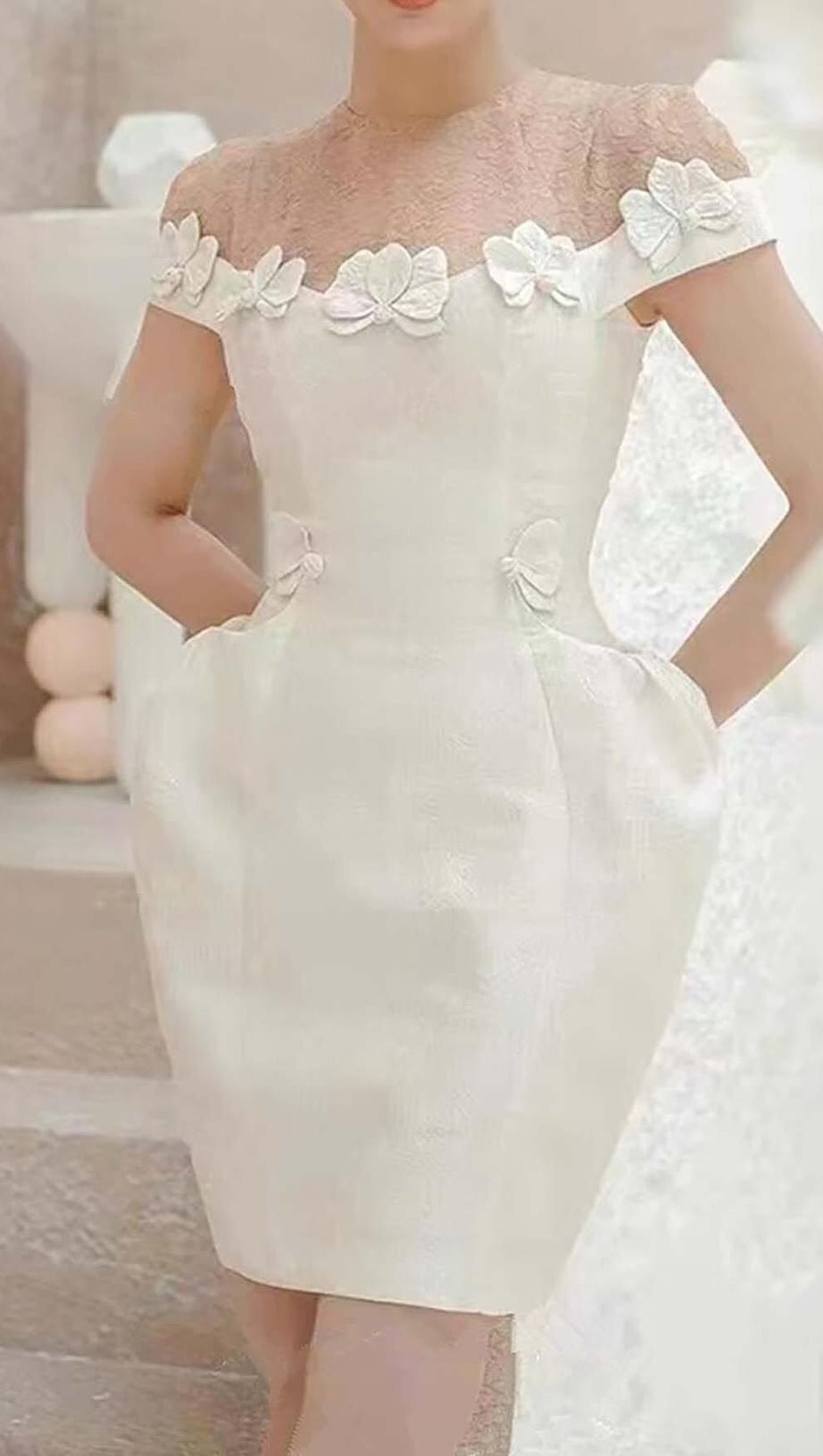 BOW-EMBELLISHED POCKET MIDI DRESS IN WHITE