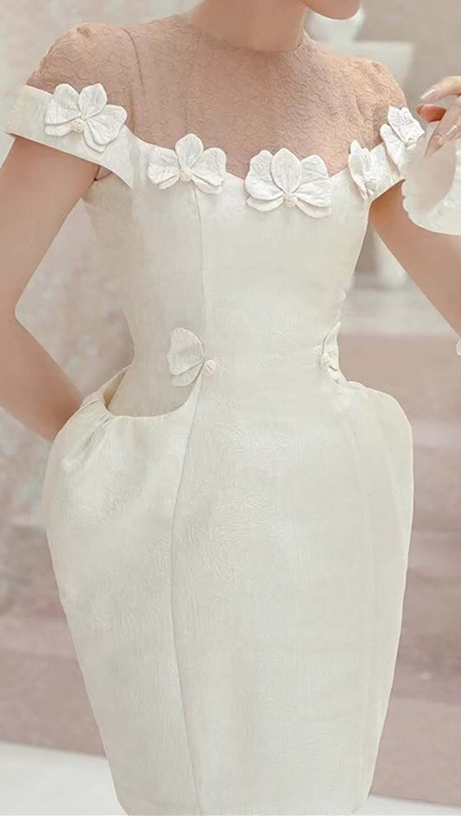 BOW-EMBELLISHED POCKET MIDI DRESS IN WHITE