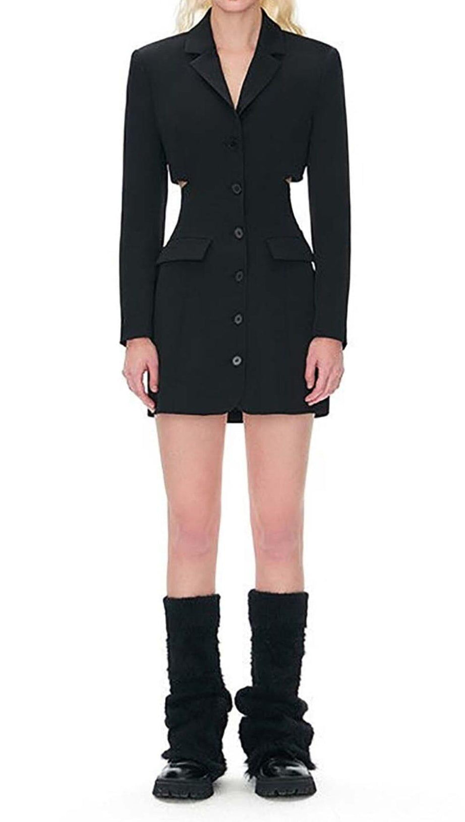 BOW-EMBELLISHED CUTOUT JACKET DRESS IN BLACK