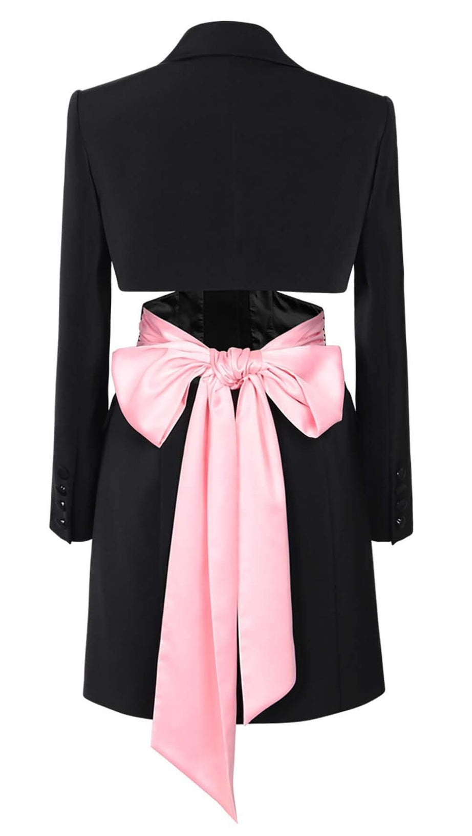 BOW-EMBELLISHED CUTOUT JACKET DRESS IN BLACK
