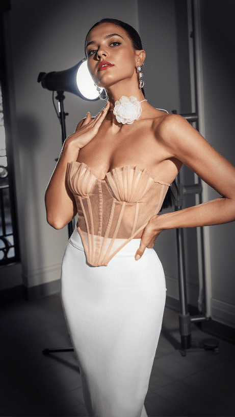 DANA SHELL MESH LACE UP CORSET TOP IN BEIGE