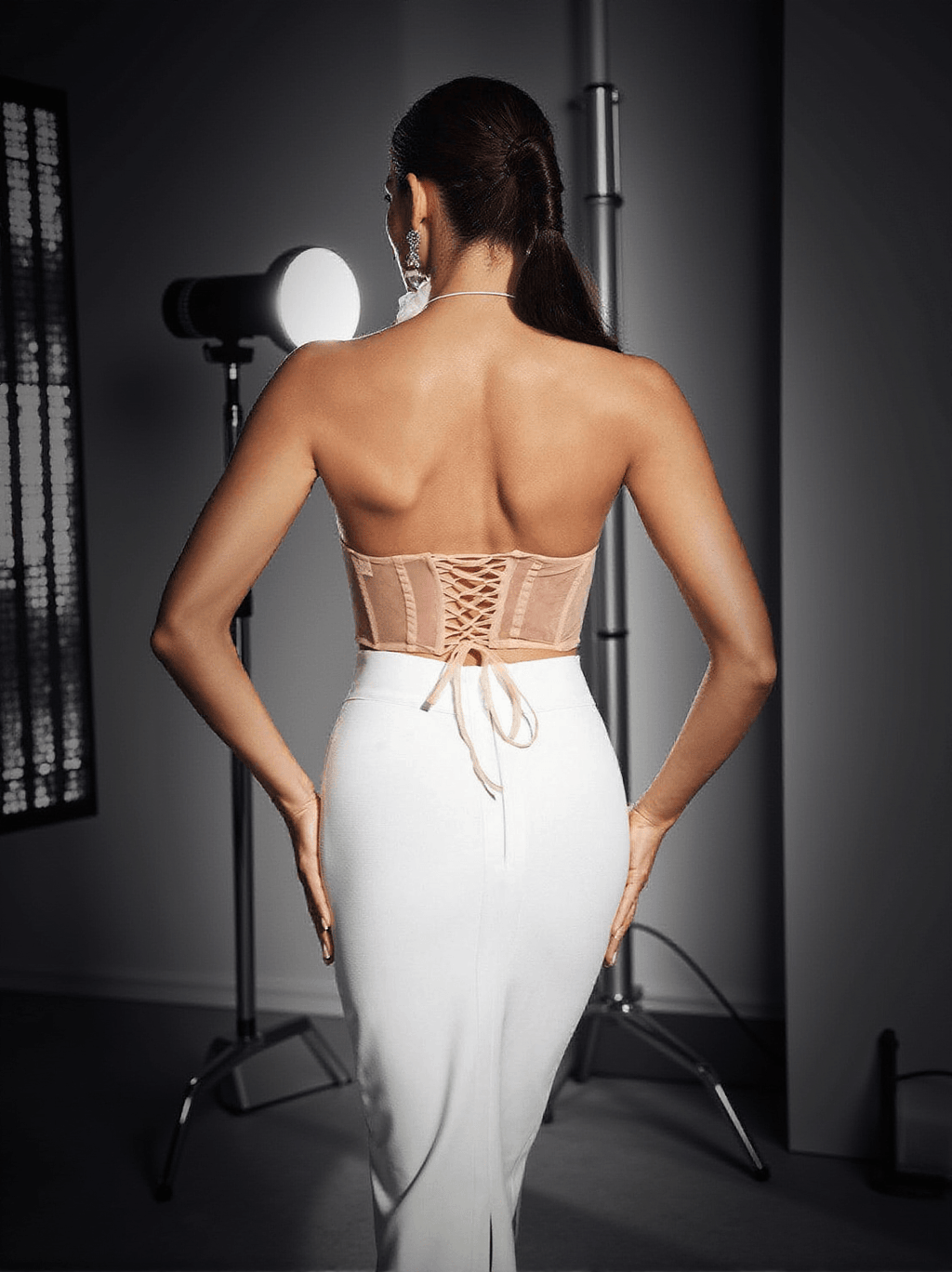 Dana Shell Mesh Lace Up Corset Top In Beige