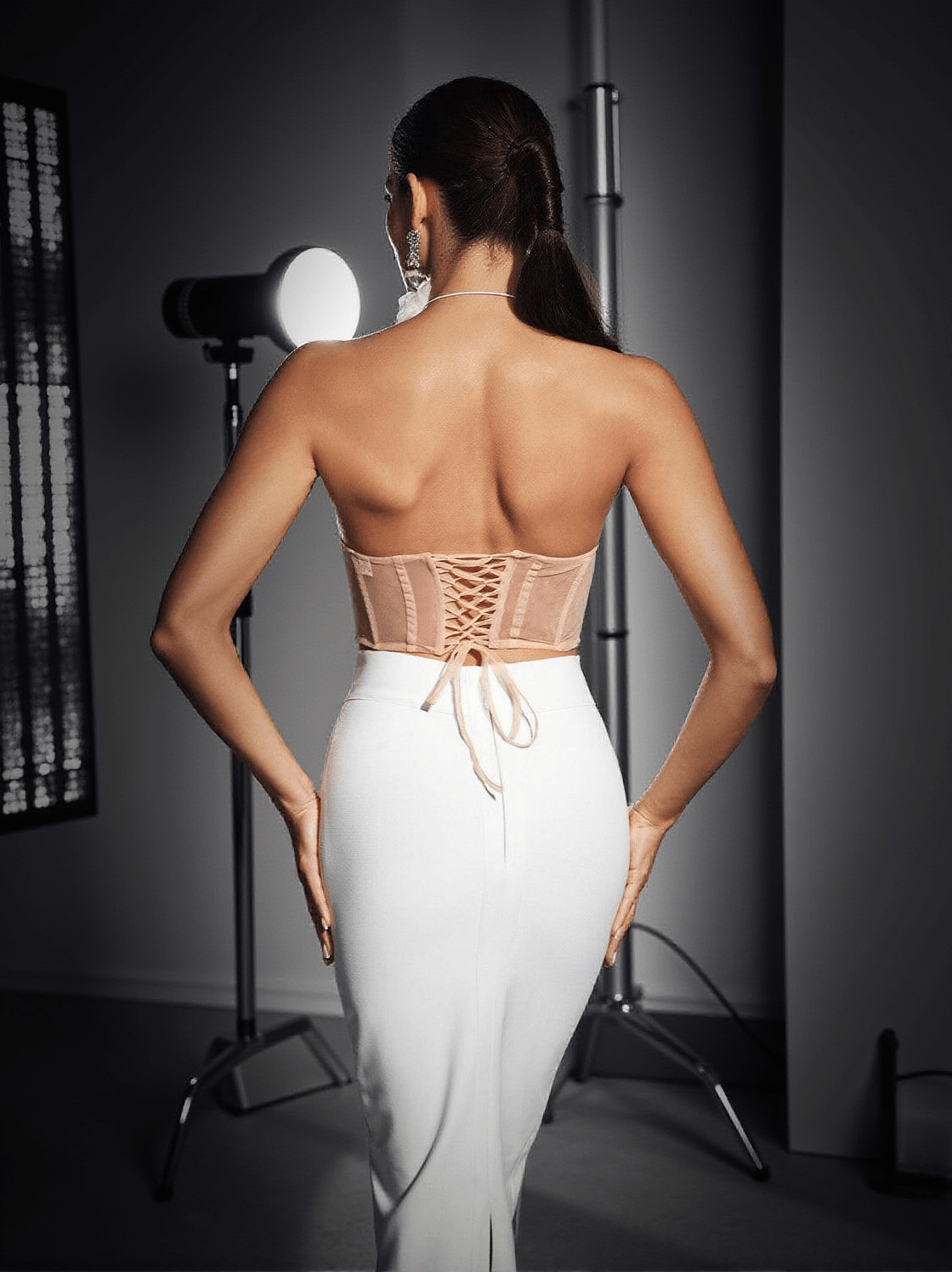 Dana Shell Mesh Lace Up Corset Top In Beige