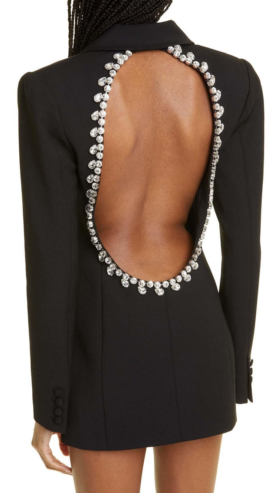 Schwarzes Jackenkleid mit Kristallbesatz und Cut-outs auf der Rückseite