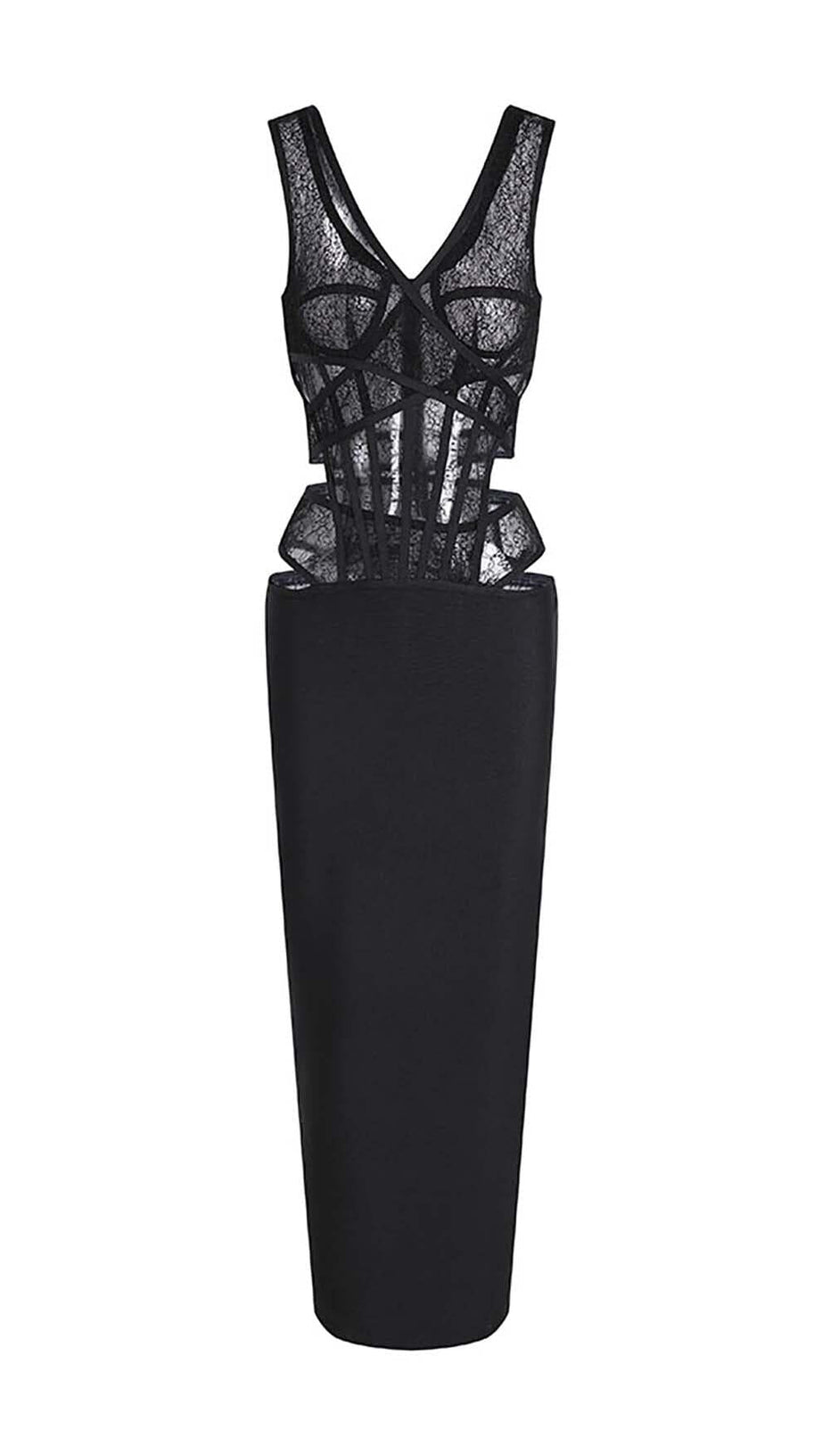 ABITO LUNGO CON CORSETTO IN TULLE CON TAGLI IN NERO