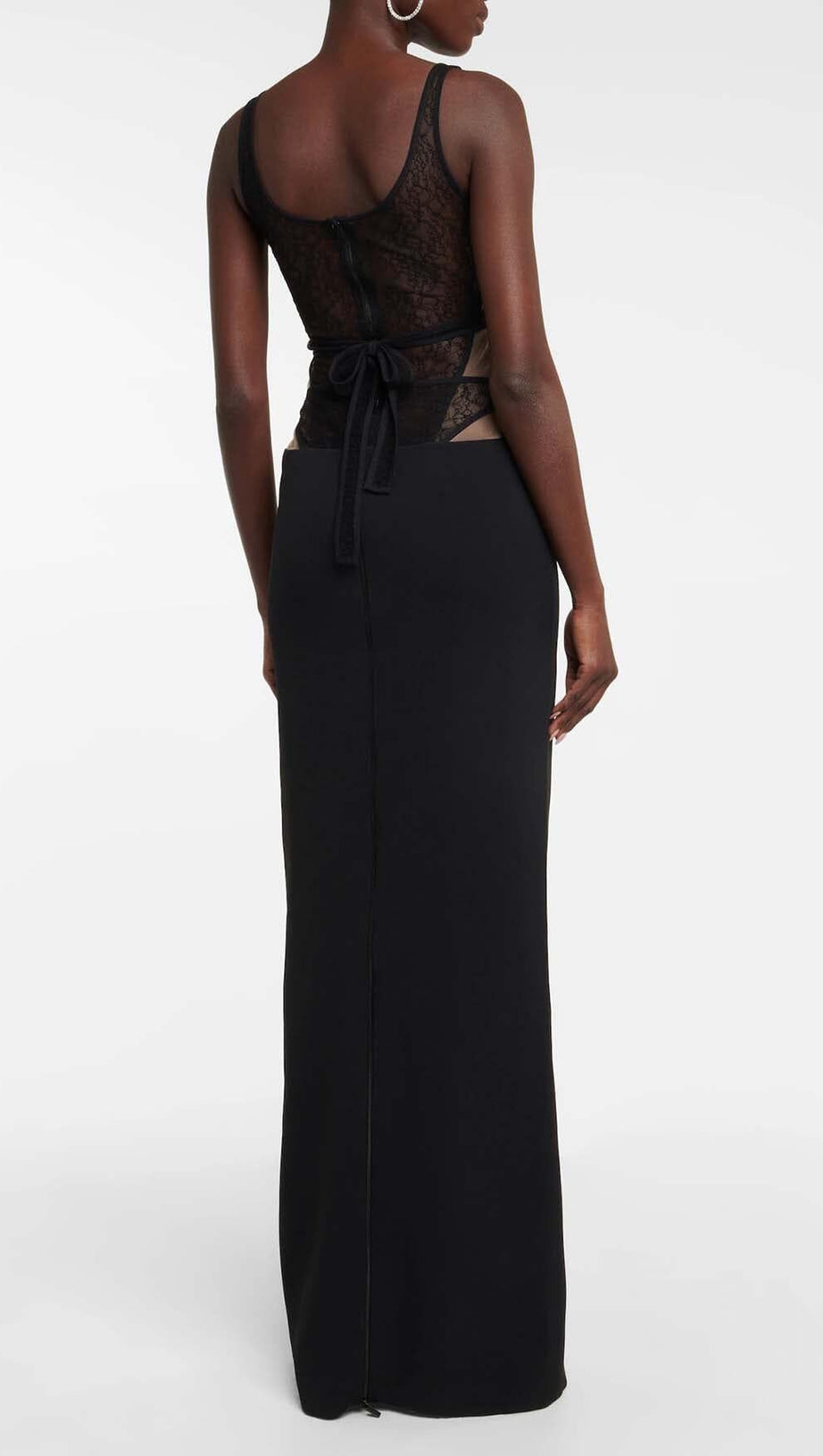 CUT-OUT TULLE CORSET MAXI DRESS IN BLACK