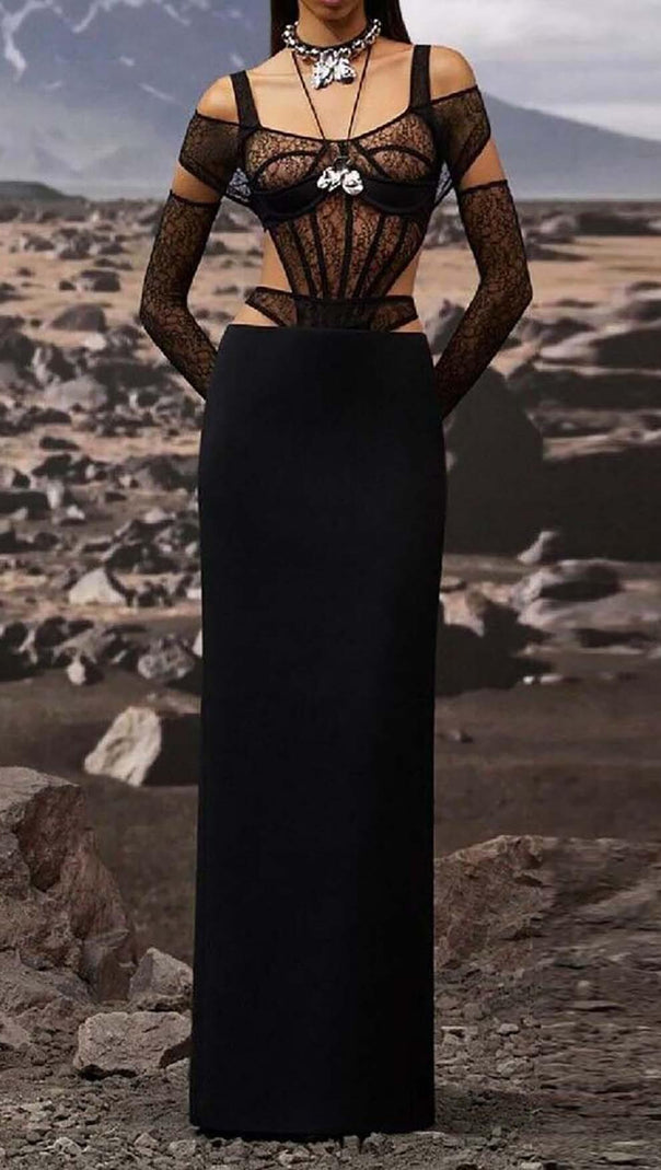 AIIZIE CUT-OUT TULLE CORSET MAXI DRESS IN BLACK - product image