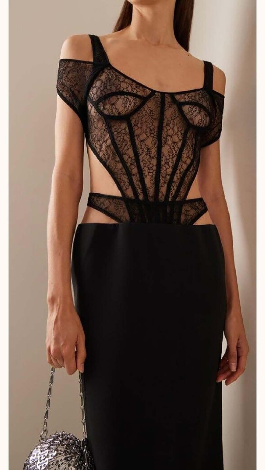 CUT-OUT TULLE CORSET MAXI DRESS IN BLACK