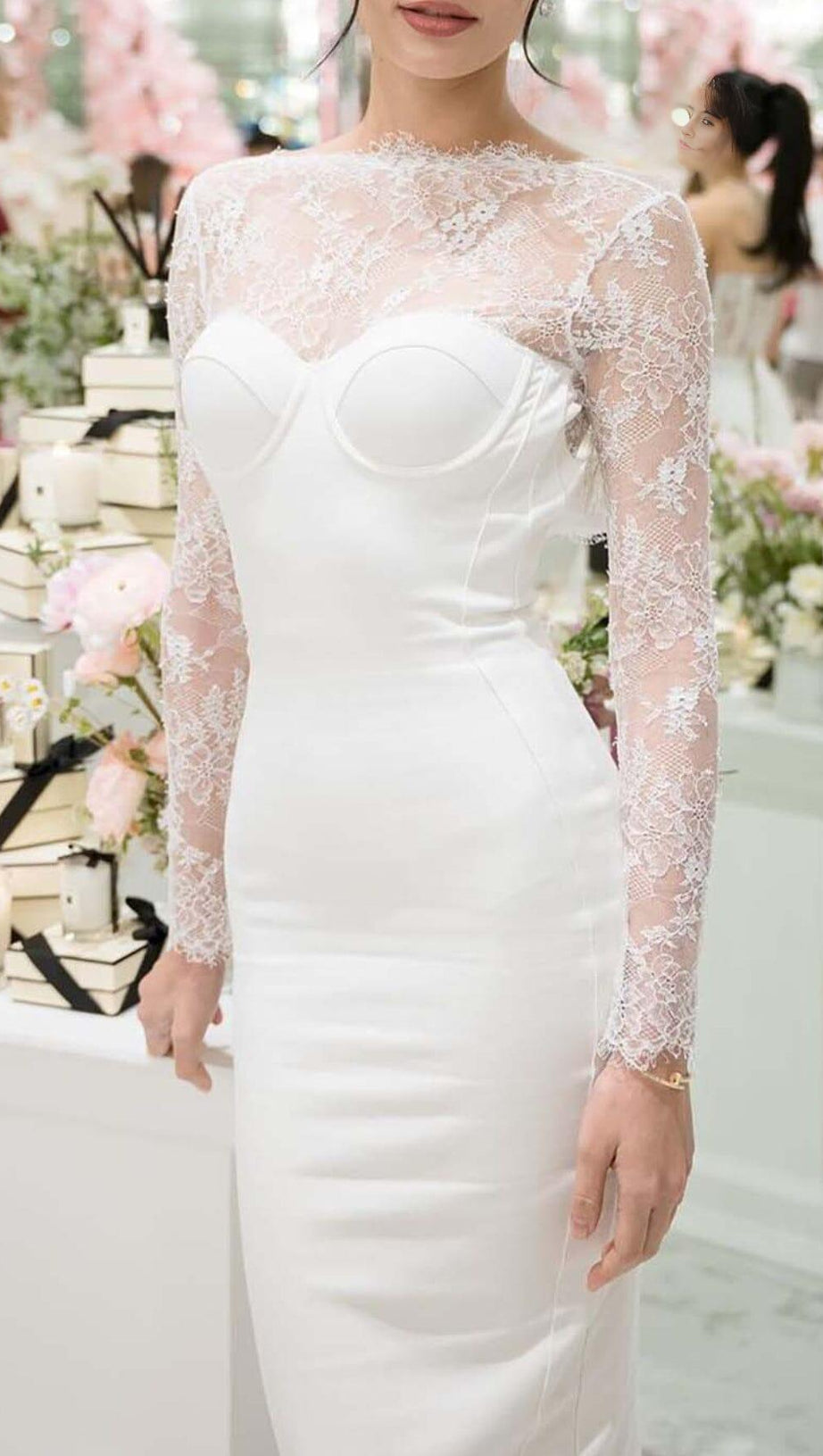 EMBROIDERED LACE MIDI DRESS IN WHITE