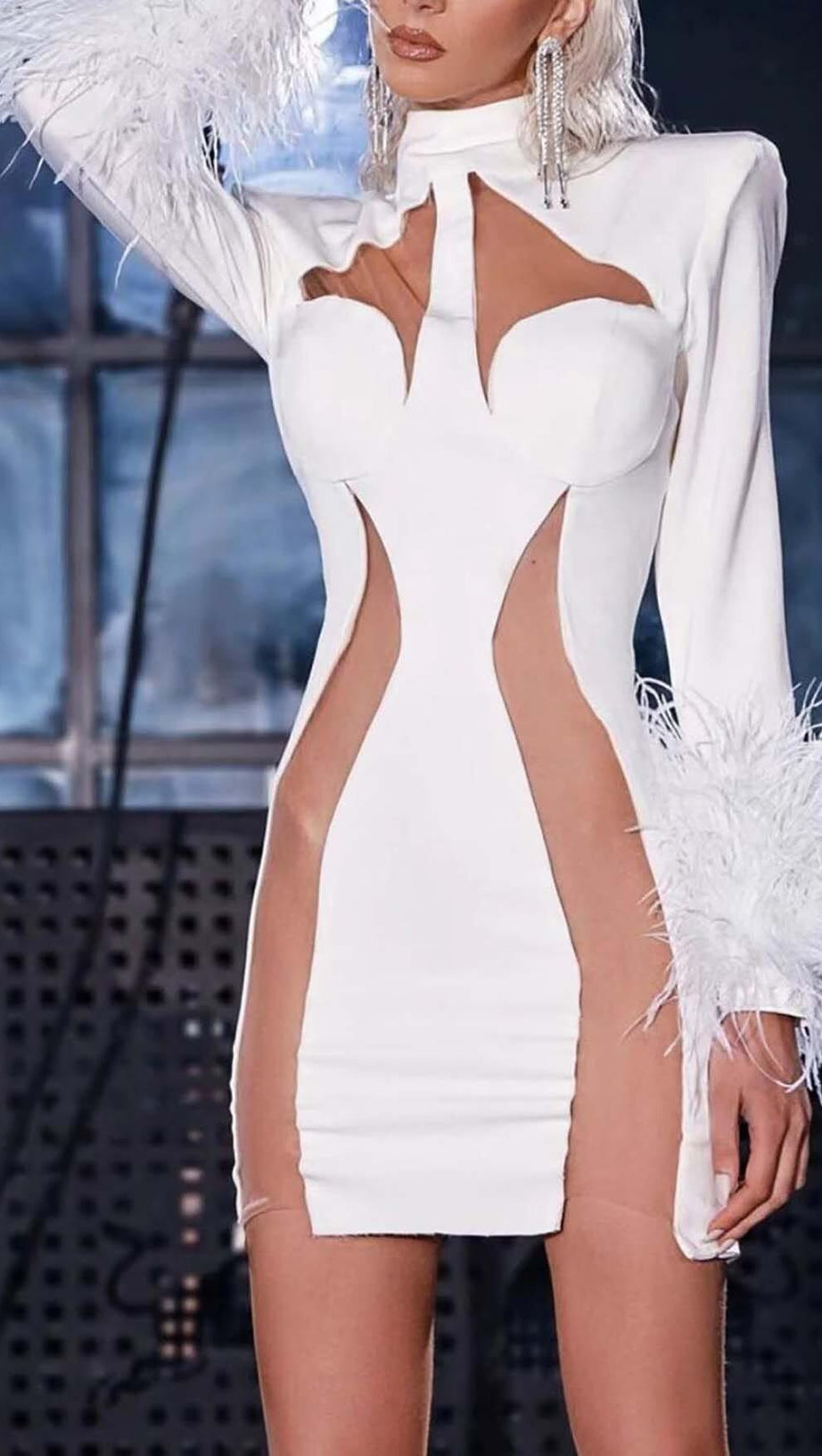 FEATHER BANDAGE MINI DRESS-WHITE