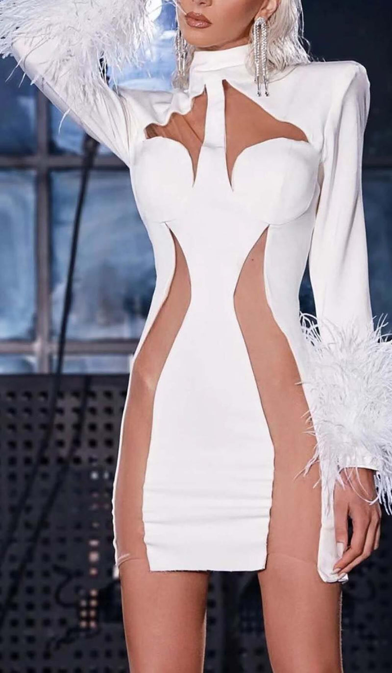 FEATHER BANDAGE MINI DRESS-WHITE