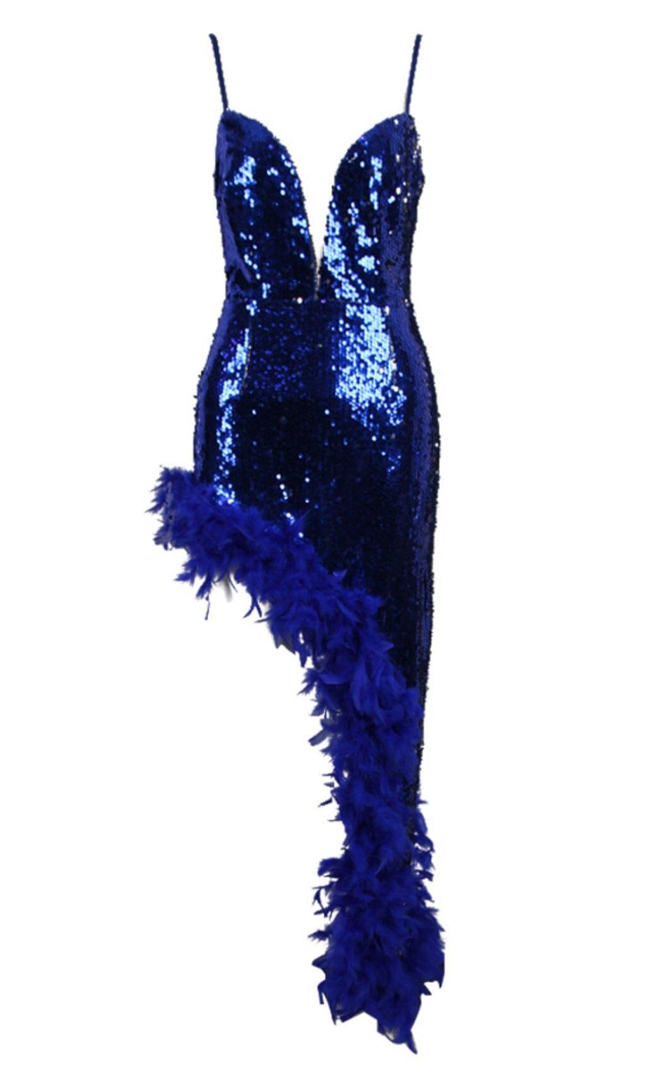 MIDIKLEID MIT FEDERN UND PAILLETTEN IN BLAU