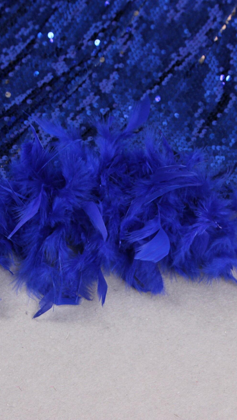 FEATHER SEQUIN MIDI DRESS IN BLUE