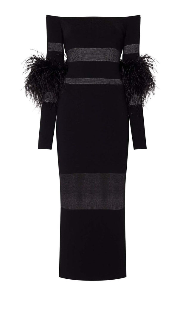 AIIZIE FEATHER TRIM COLD-SHOULDER MIDI DRESS IN BLACK - product image