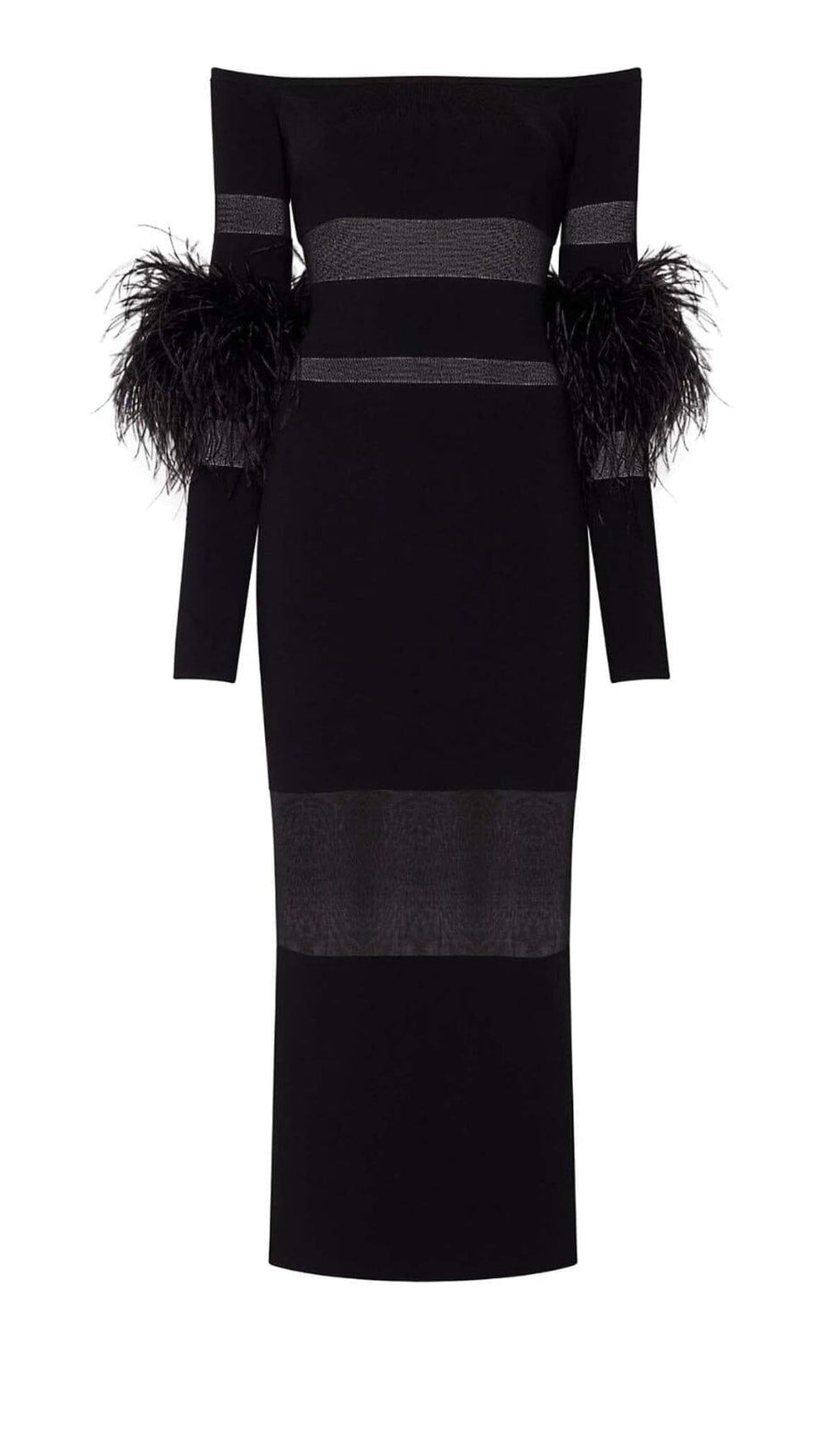 FEATHER TRIM COLD-SHOULDER MIDI DRESS IN BLACK