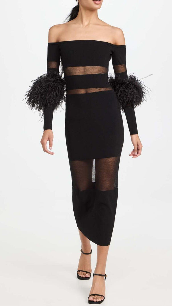 AIIZIE FEATHER TRIM COLD-SHOULDER MIDI DRESS IN BLACK - product image