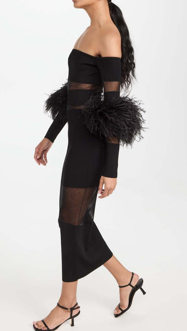 AIIZIE FEATHER TRIM COLD-SHOULDER MIDI DRESS IN BLACK - product image