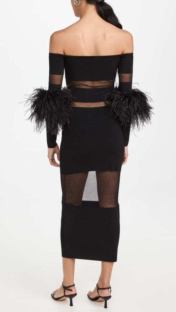 AIIZIE FEATHER TRIM COLD-SHOULDER MIDI DRESS IN BLACK - product image