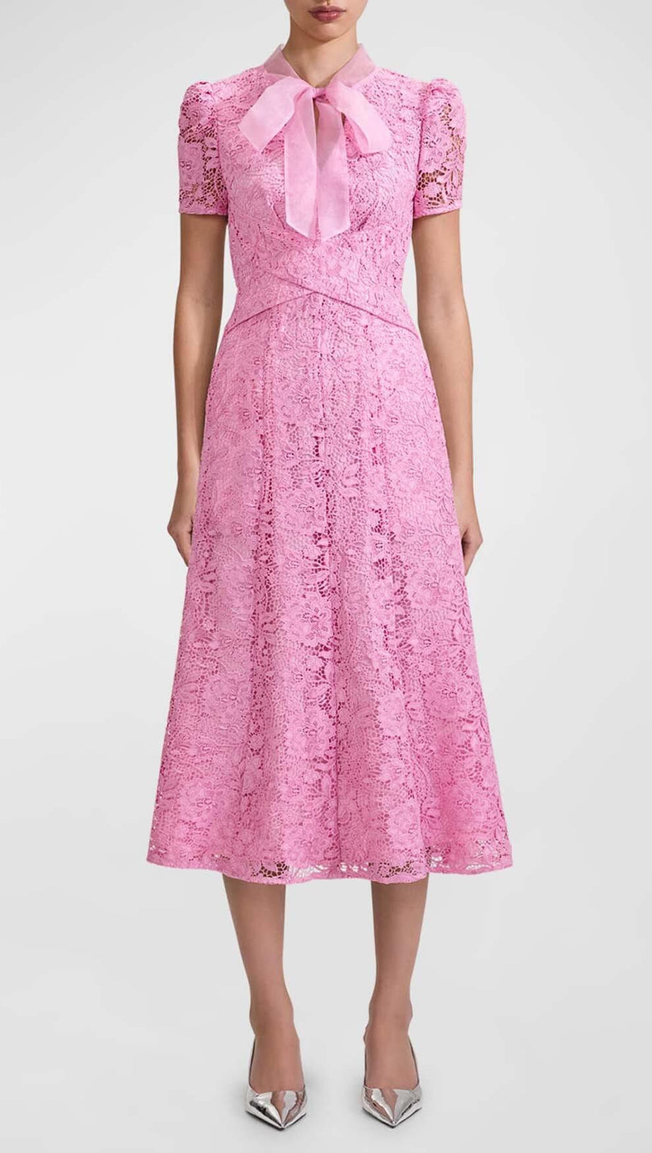 FLARED-HEM LACE MIDI DRESS IN PINK