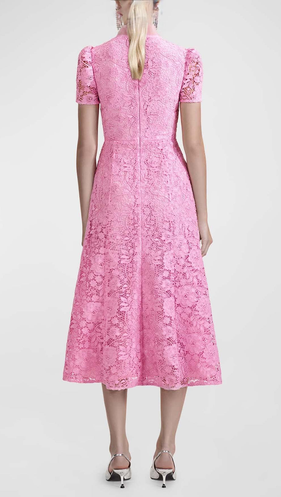 FLARED-HEM LACE MIDI DRESS IN PINK