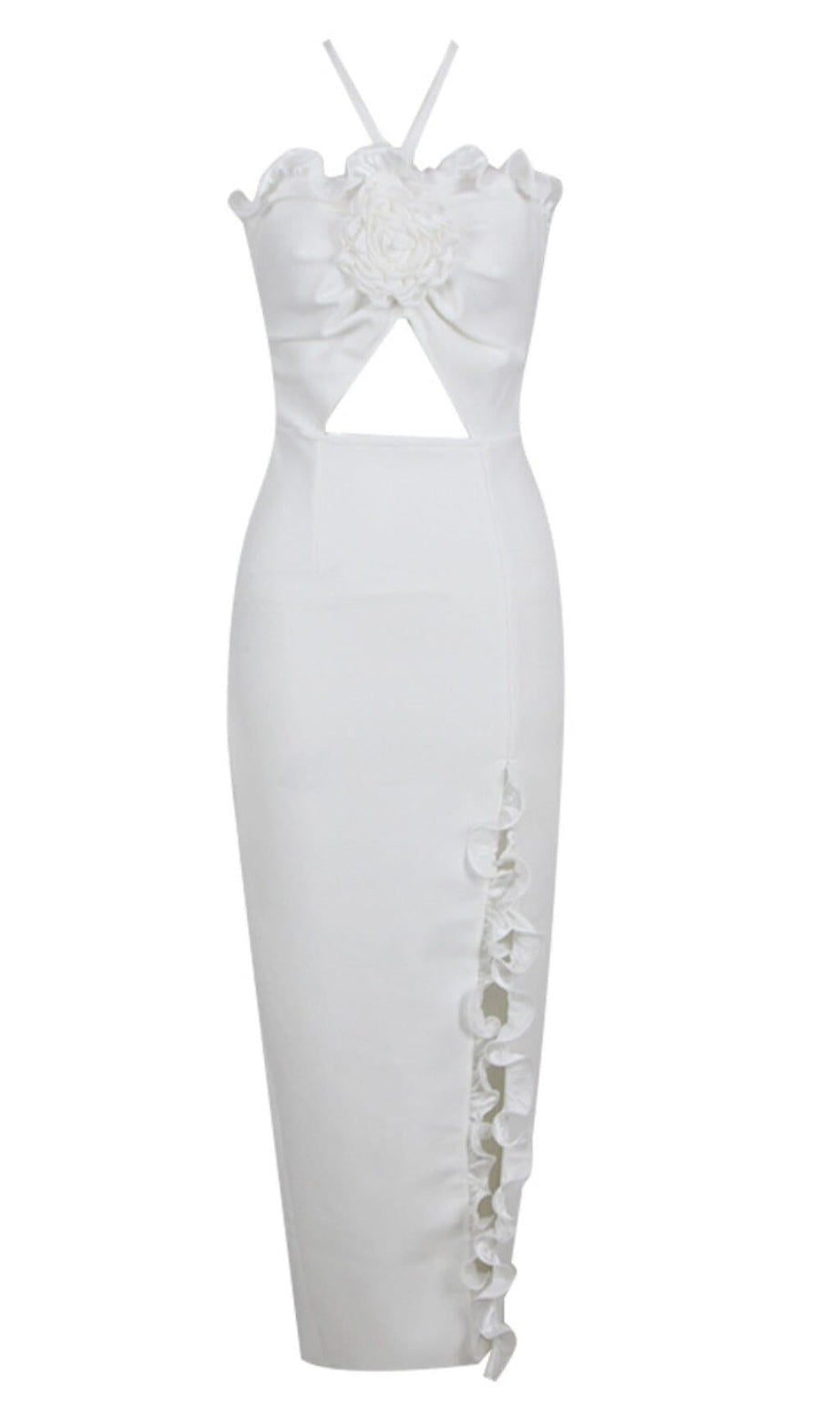 MIDIKLEID MIT BLUMENVERZIERUNG UND SCHLITZ IN WEISS