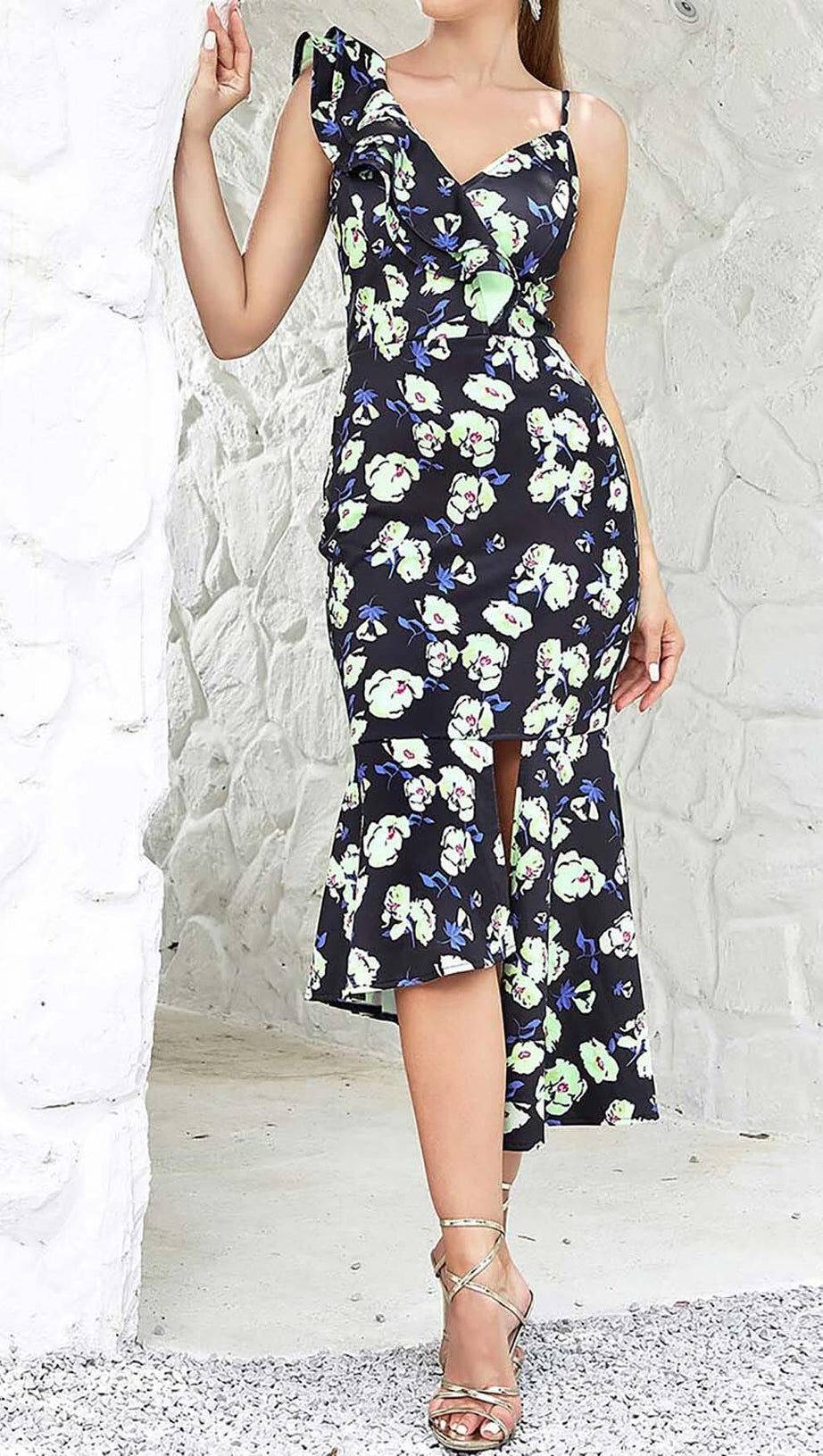 FLORAL PRINT RUFFLES MIDI DRESS