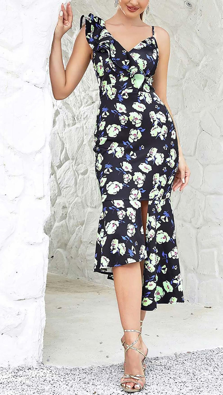 FLORAL PRINT RUFFLES MIDI DRESS