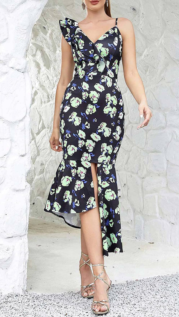 AIIZIE FLORAL PRINT RUFFLES MIDI DRESS - product image