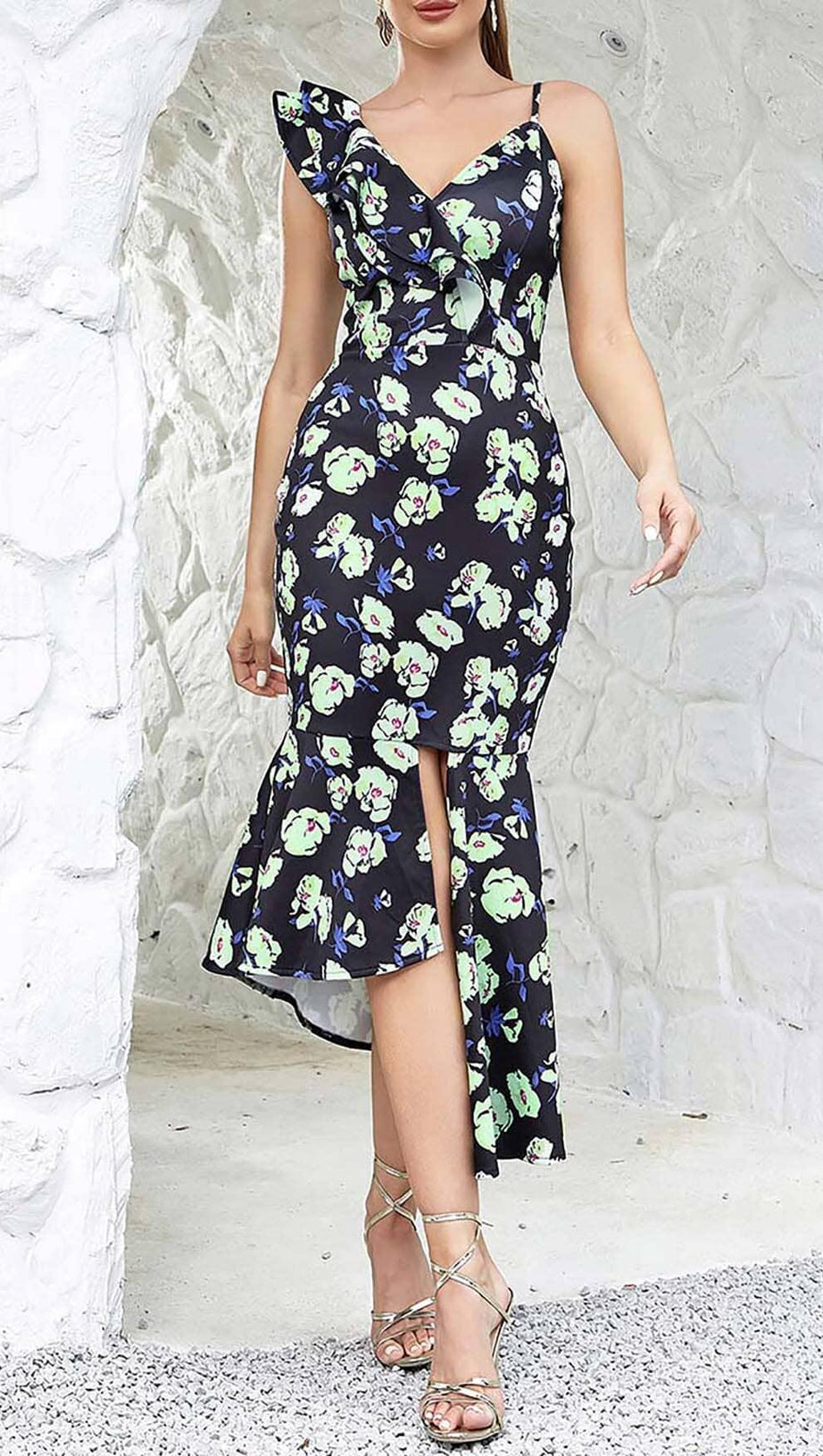 FLORAL PRINT RUFFLES MIDI DRESS