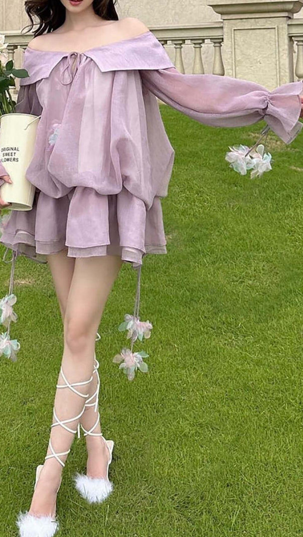 AIIZIE LACE COLD-SHOULDER MINI DRESS IN PURPLE - product image