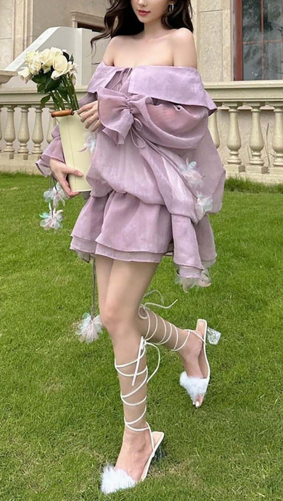 LACE COLD-SHOULDER MINI DRESS IN PURPLE