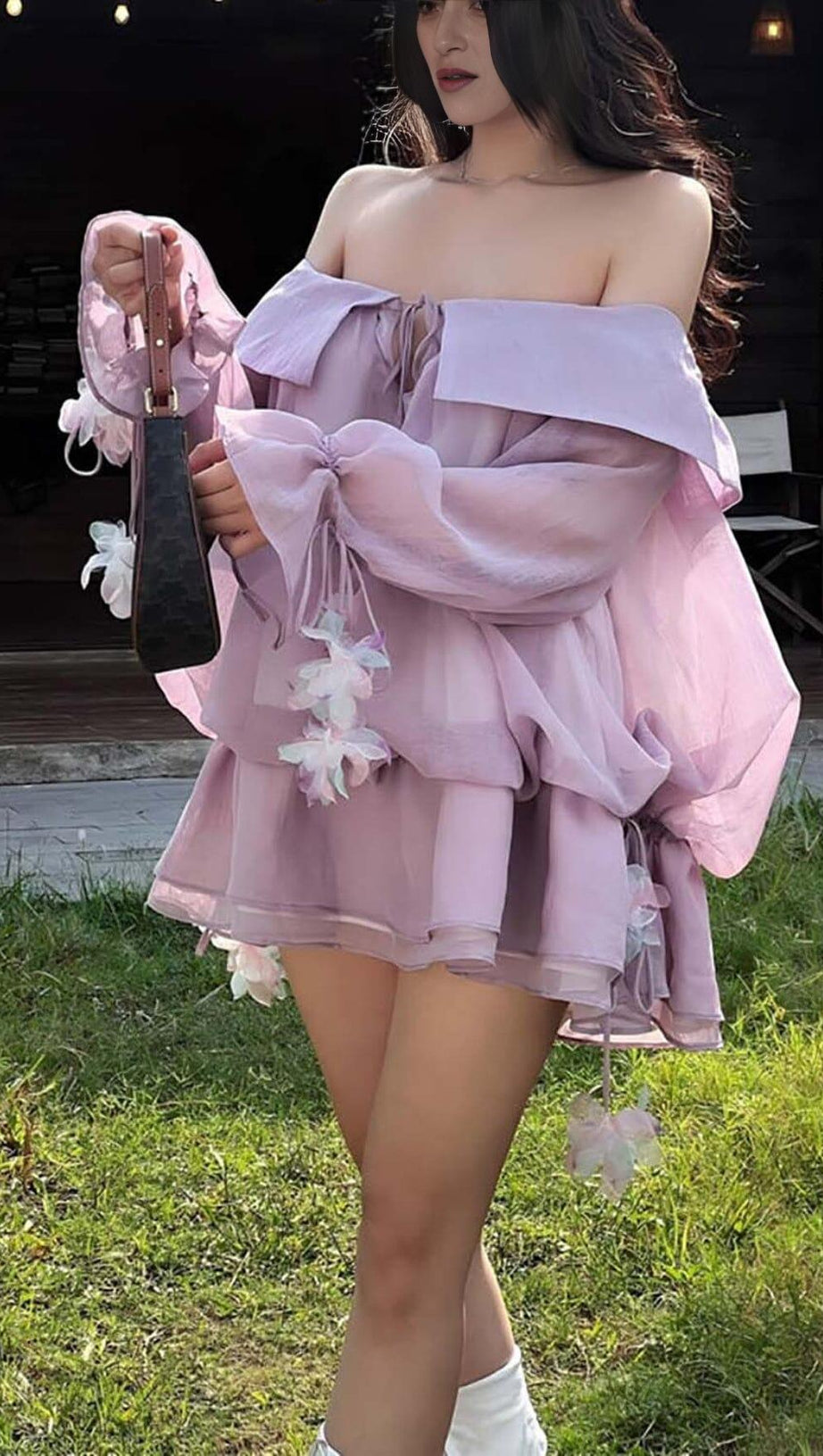 LACE COLD-SHOULDER MINI DRESS IN PURPLE