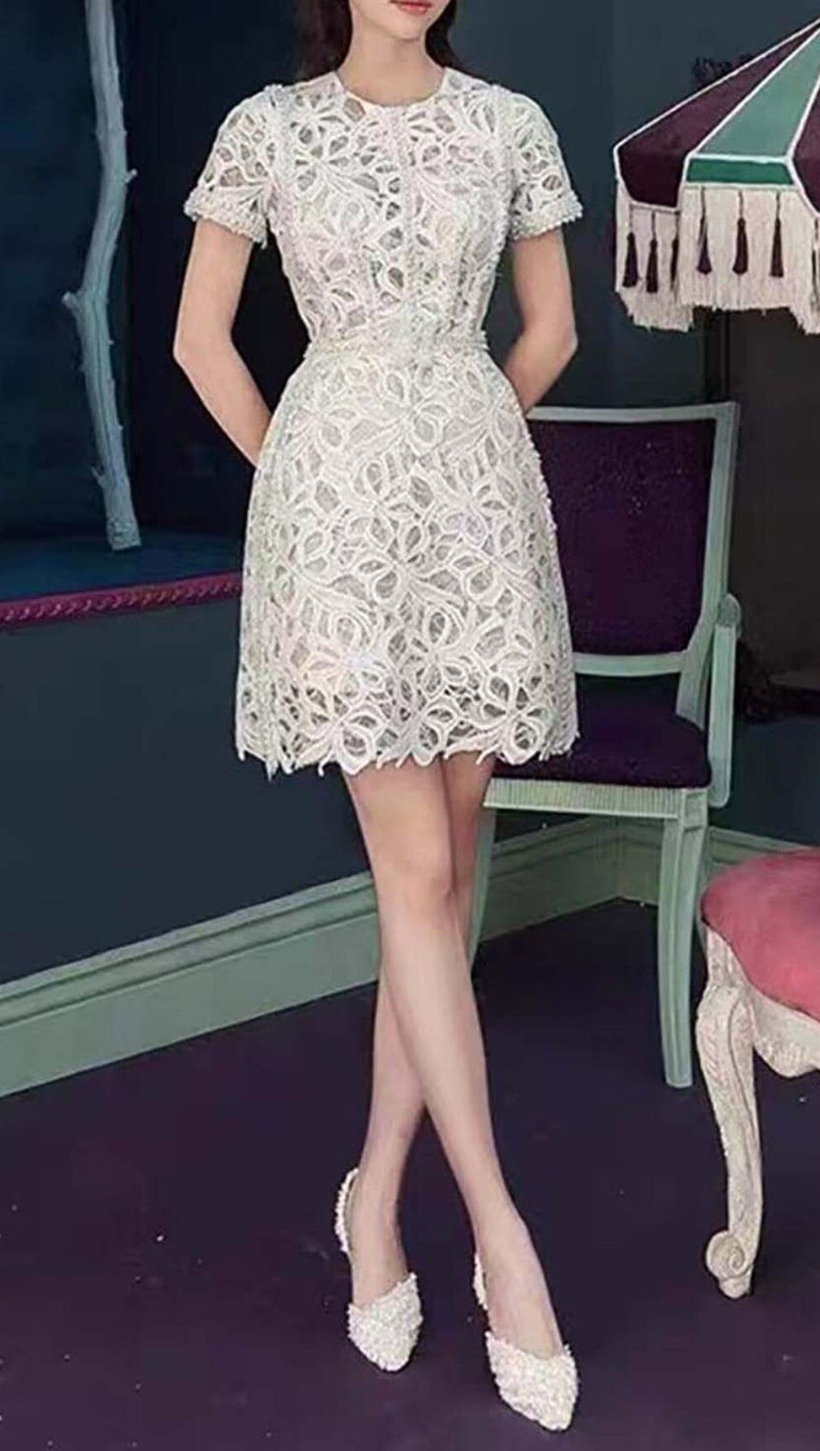 ABITO MIDI IN PIZZO TRAFORATO BIANCO