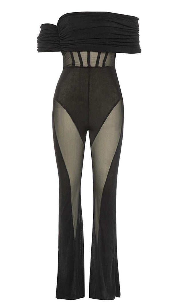 AIIZIE OFF SHOULDER MESH JUMPSUIT IN BLACK - product image